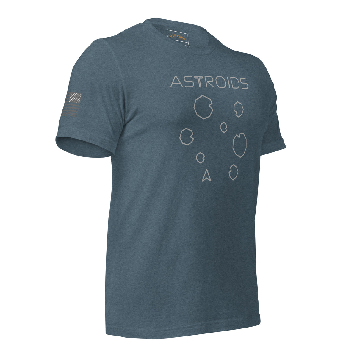 Angled front of heather slate T-shirt with ASTROIDS lettering, outlined asteroids and a spaceship graphic