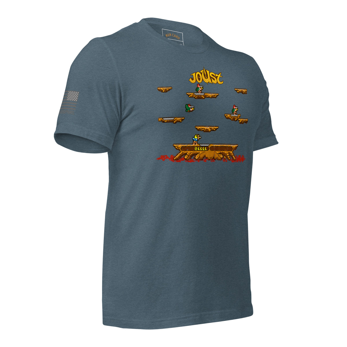 Angled front view of heather slate Joust arcade battle T-shirt with pixel-art riders, platforms, and an American flag sleeve detail