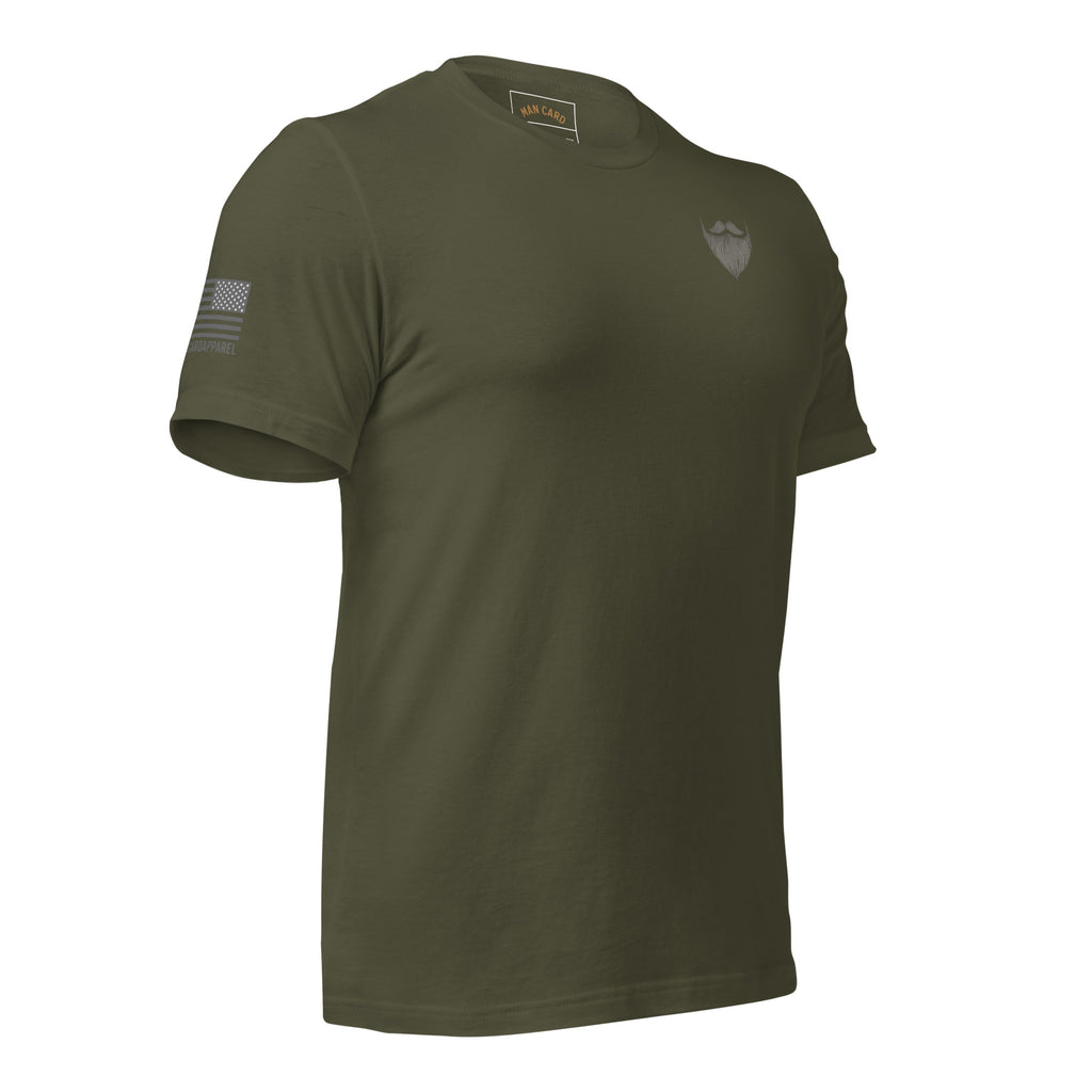 Angled front of military green T-shirt with a beard and mustache chest emblem and American flag sleeve graphic