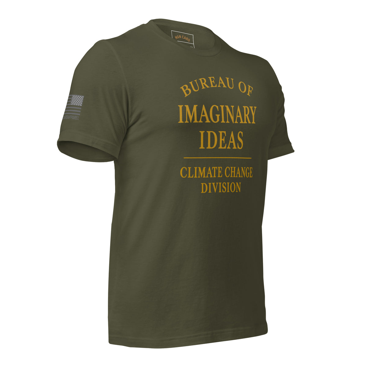 Angled front of military green T-shirt with gold Bureau of Imaginary Ideas Climate Change Division lettering