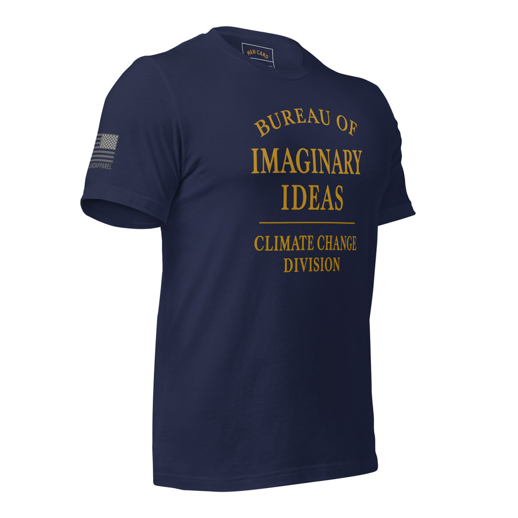 Angled front of navy T-shirt with gold Bureau of Imaginary Ideas Climate Change Division lettering