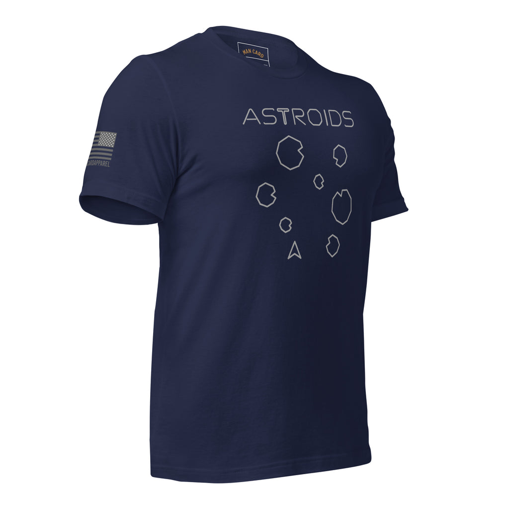 Angled front of navy T-shirt with ASTROIDS lettering, outlined asteroids and a spaceship graphic