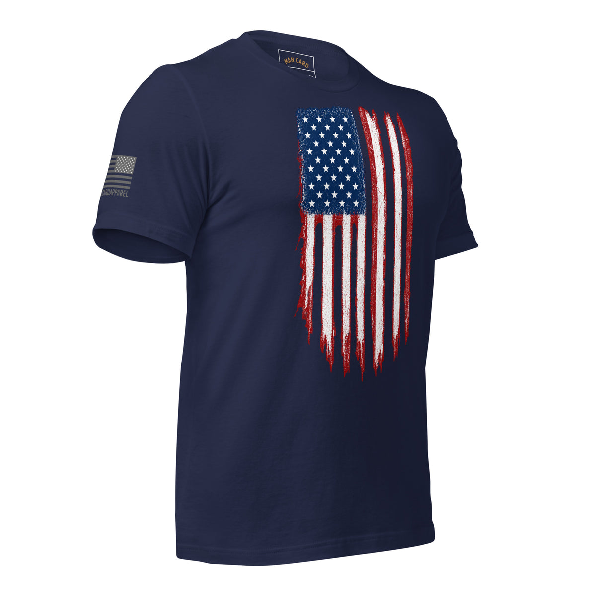 Angled front view of navy T-shirt with a distressed red, white and blue American flag chest graphic and a smaller sleeve flag