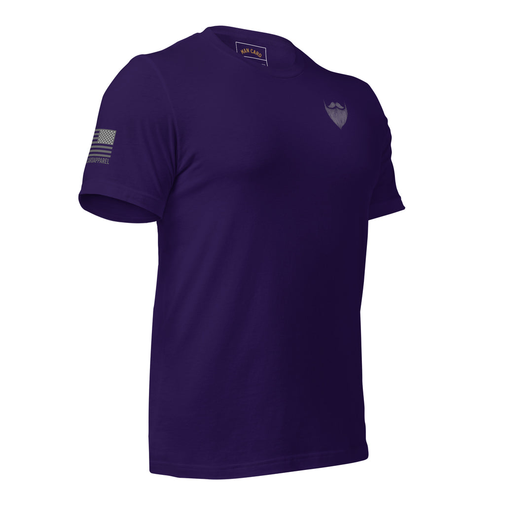 Angled front of team purple T-shirt with a beard and mustache chest emblem and American flag sleeve graphic