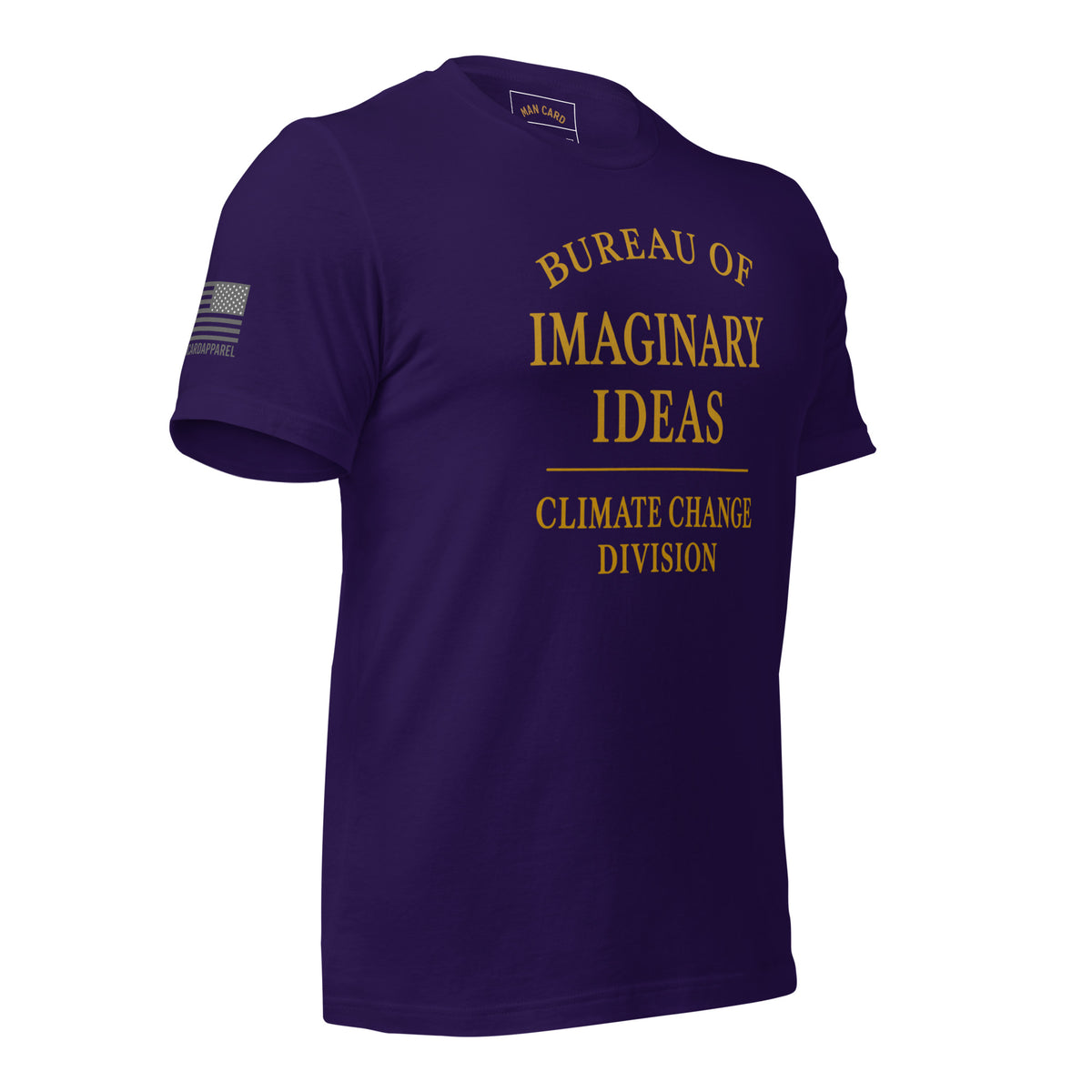 Angled front of team purple T-shirt with gold Bureau of Imaginary Ideas Climate Change Division lettering