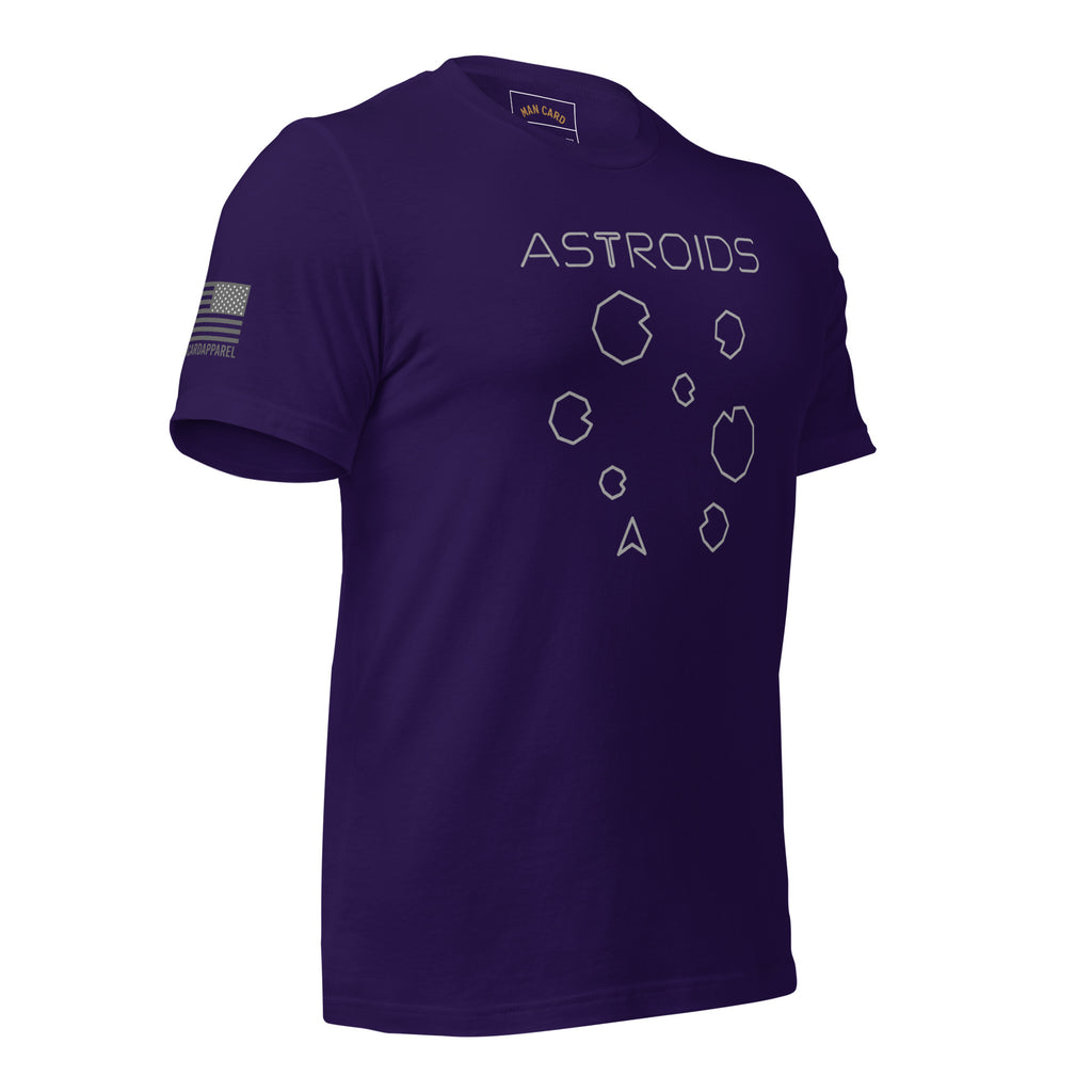 Angled front of team purple T-shirt with ASTROIDS lettering, outlined asteroids and a spaceship graphic