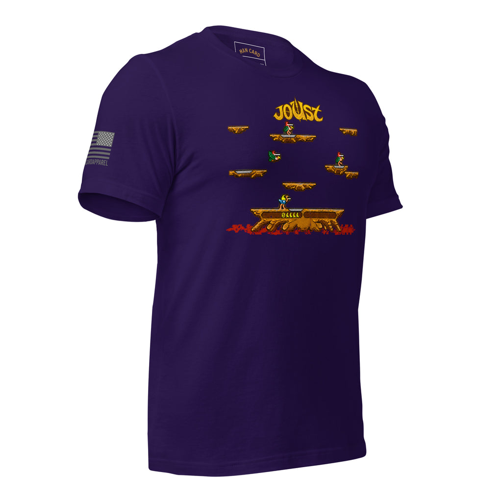 Angled front view of team purple Joust arcade battle T-shirt with pixel-art riders, platforms, and an American flag sleeve detail