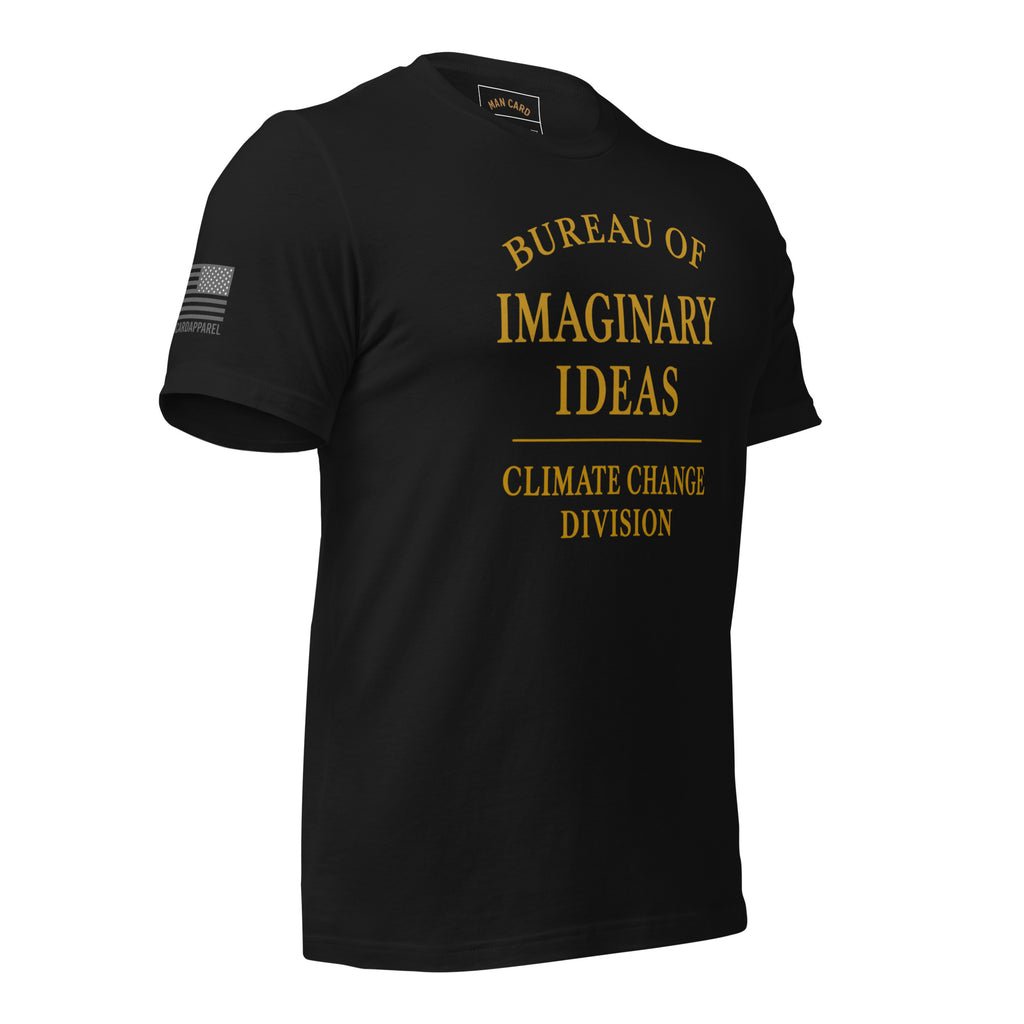 Angled front of vintage black T-shirt with gold Bureau of Imaginary Ideas Climate Change Division lettering