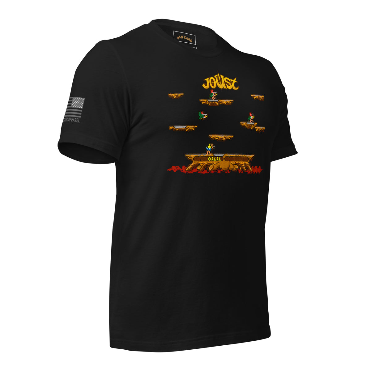 Angled front view of vintage black Joust arcade battle T-shirt with pixel-art riders, platforms, and an American flag sleeve detail