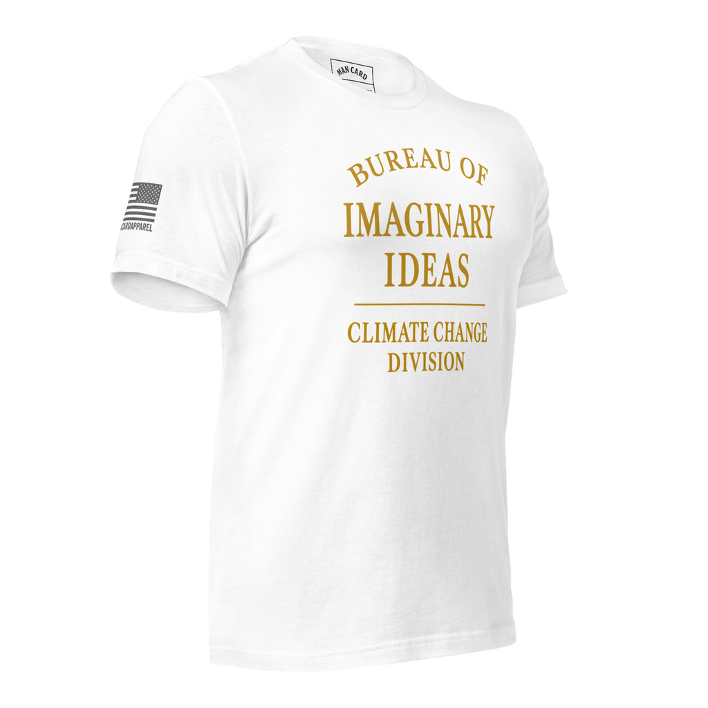 Angled front of white T-shirt with gold Bureau of Imaginary Ideas Climate Change Division lettering