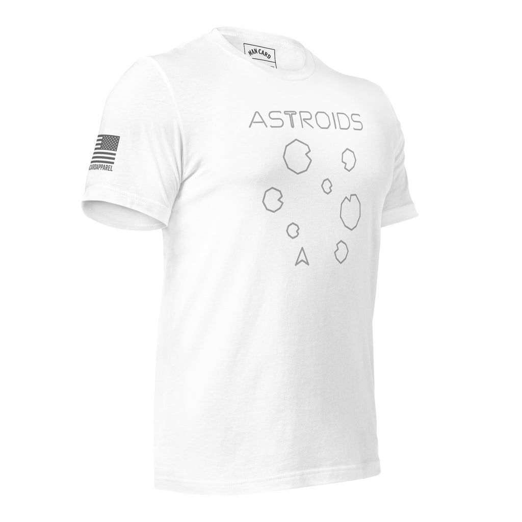 Angled front of white T-shirt with ASTROIDS lettering, outlined asteroids and a spaceship graphic