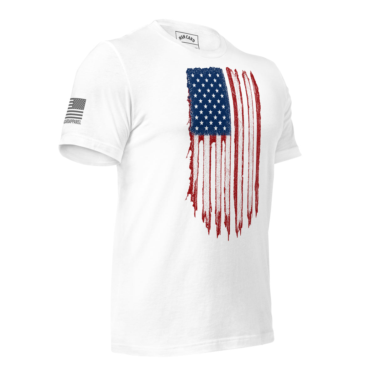 Angled front view of white T-shirt with a distressed red, white and blue American flag chest graphic and a smaller sleeve flag