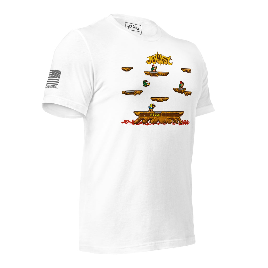 Angled front view of white Joust arcade battle T-shirt with pixel-art riders, platforms, and an American flag sleeve detail